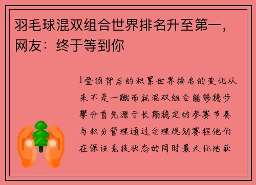 羽毛球混双组合世界排名升至第一，网友：终于等到你